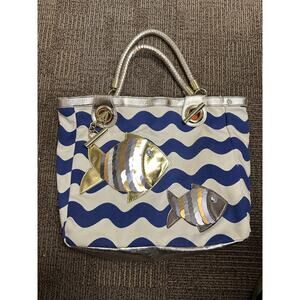 Felix Rey Tote Bag Women Blue Canvas Faux Leather Fish Sequin Gold Handles Purse